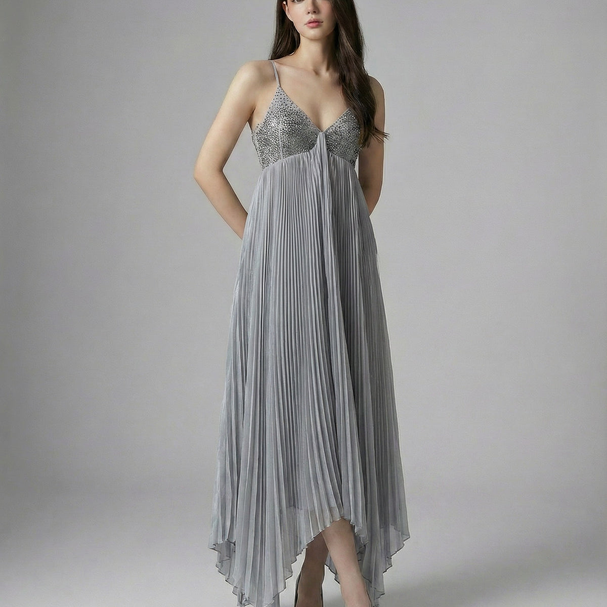 ELOWYN Crystal Pleated Babydoll Maxi Dress