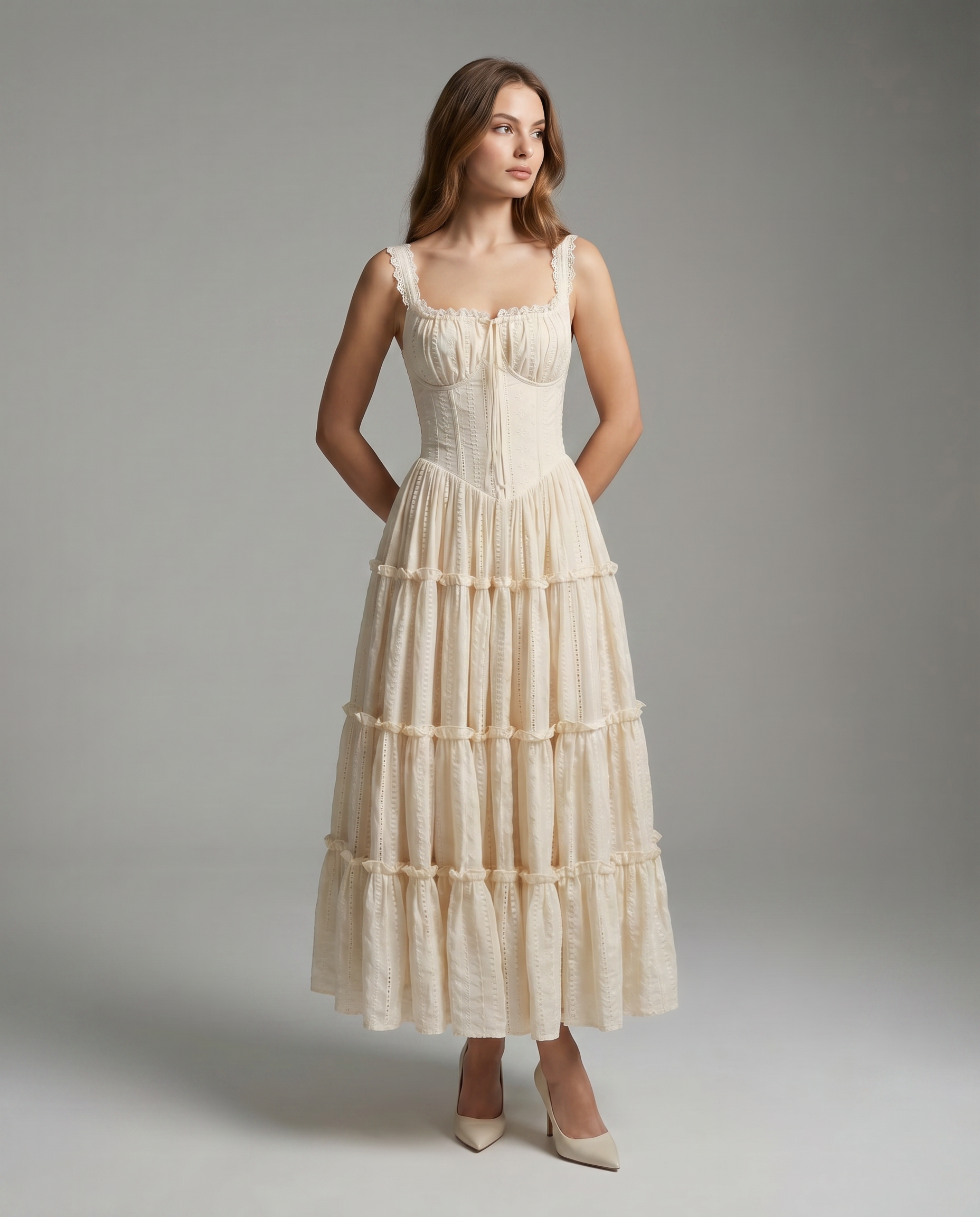 Woman wearing a white tiered dress against a gray background