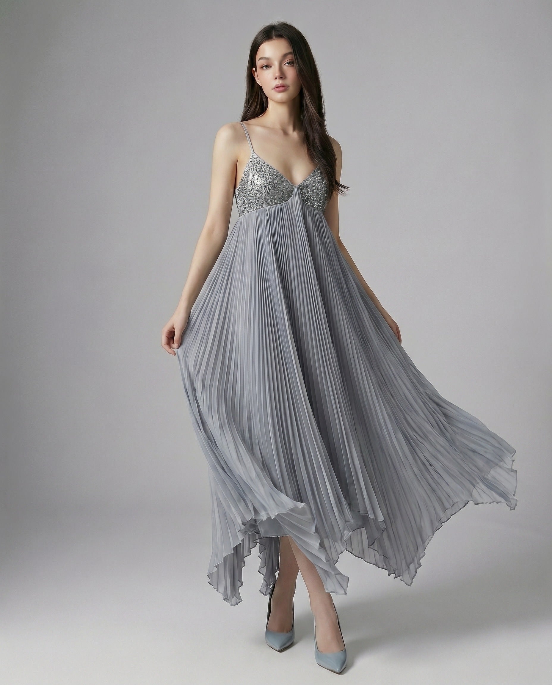 ELOWYN Crystal Pleated Babydoll Maxi Dress
