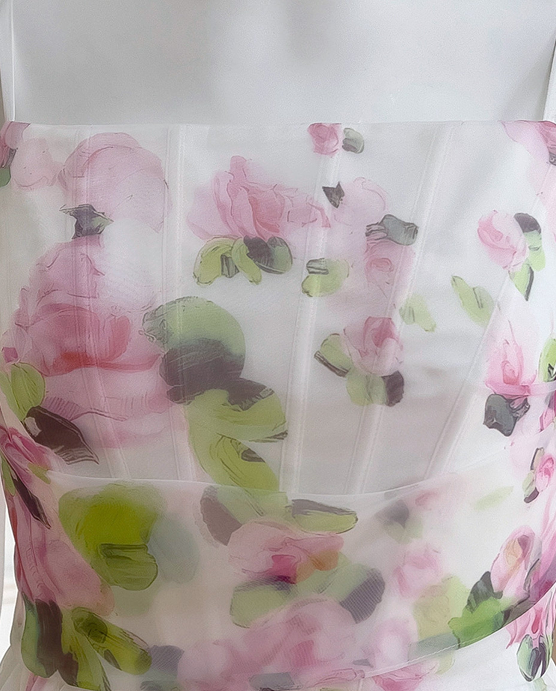 corset watercolor ditsy dress MissJophiel Straps Corset Floral Print Organza Midi Dress Steel Blue Floral / Above Knee / US2
