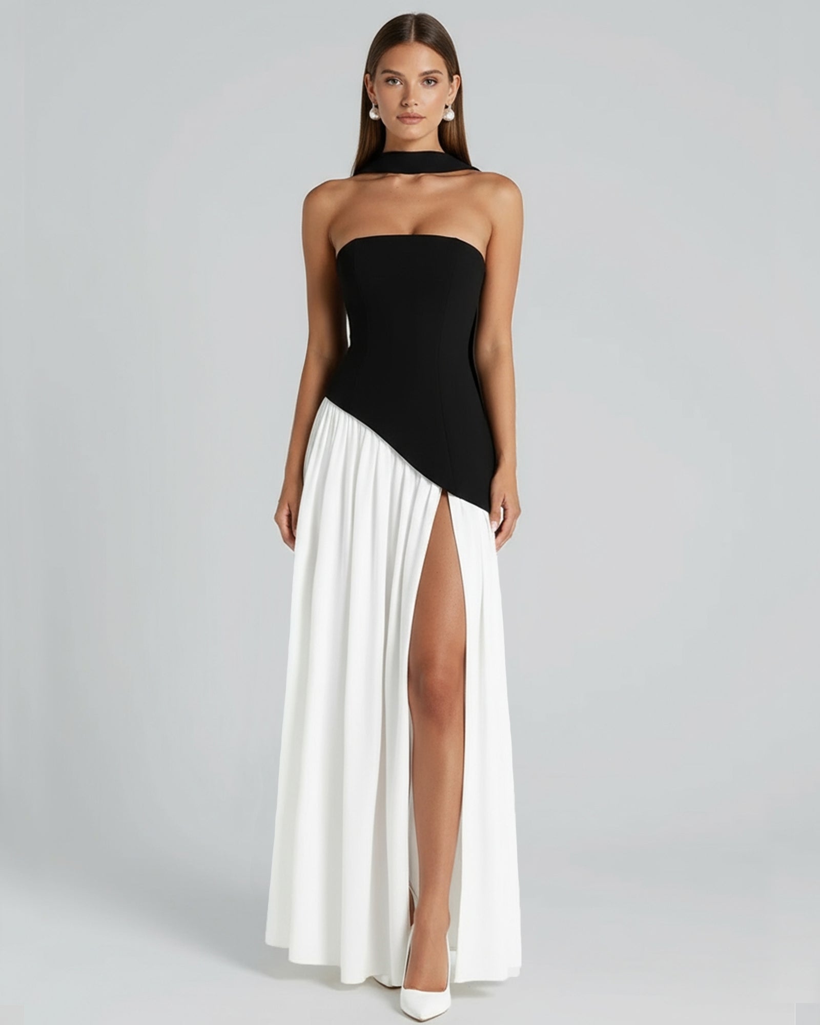 house of cb ブラック & オフホワイト キャミソール LEAH Scarf Asymmetric Corset Maxi Dress - Black & White – NUIT CHÉRI