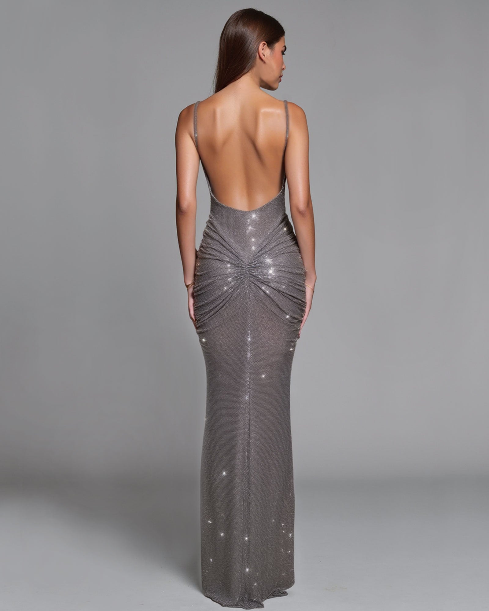 NADIA Crystal Pleated Backless Maxi Dress
