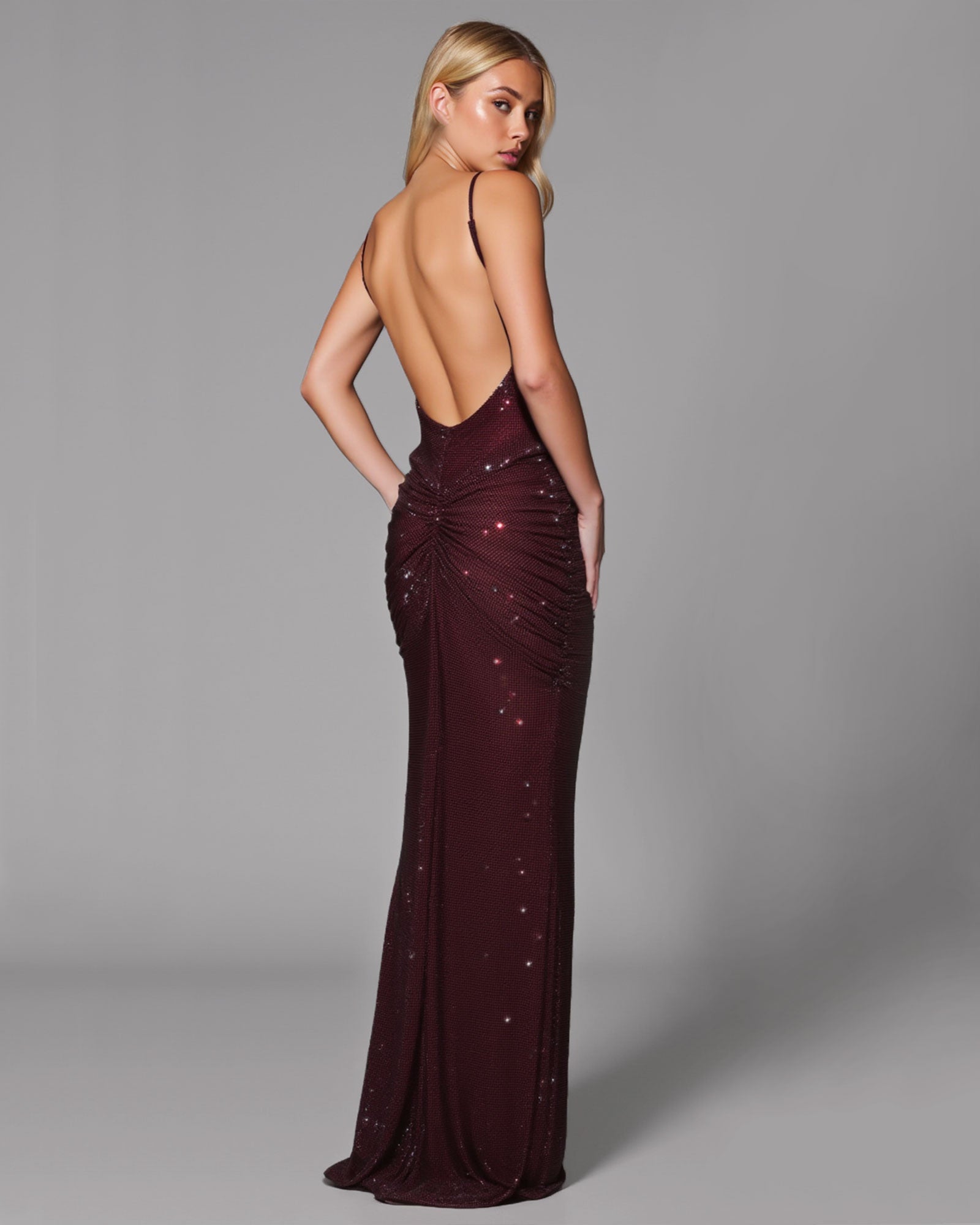 NADIA Crystal Pleated Backless Maxi Dress