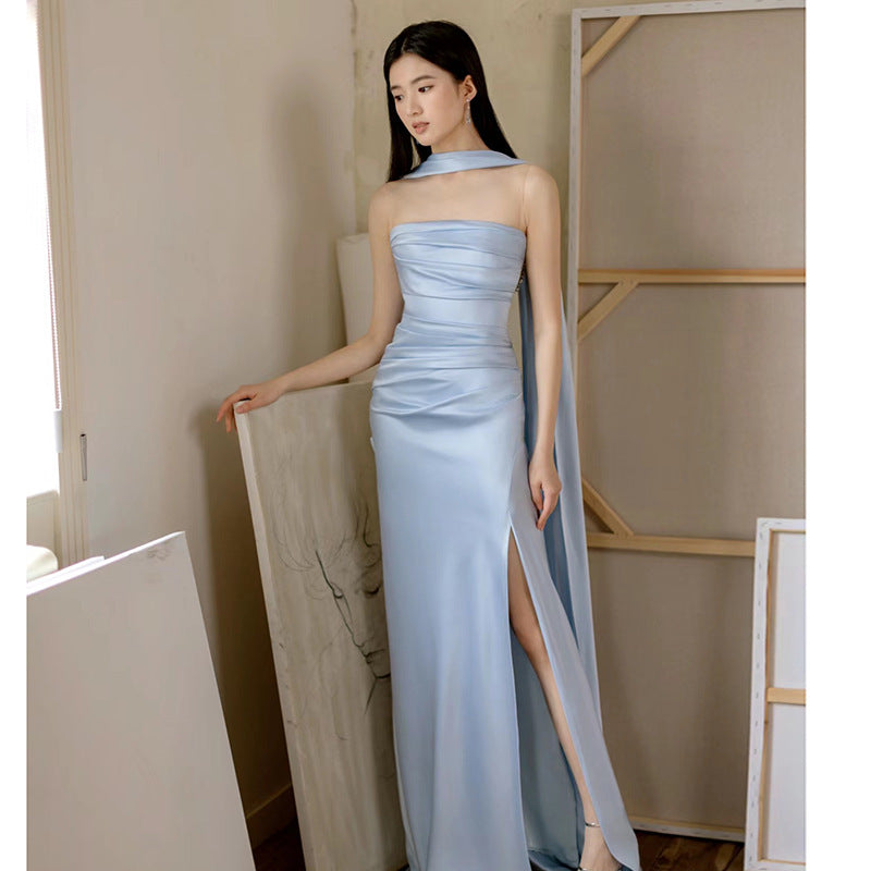 Blue Evening Dress For Women 2025 New Classy Classy Accessible Luxury Niche Tube Top Engagement French High-End Dinner
