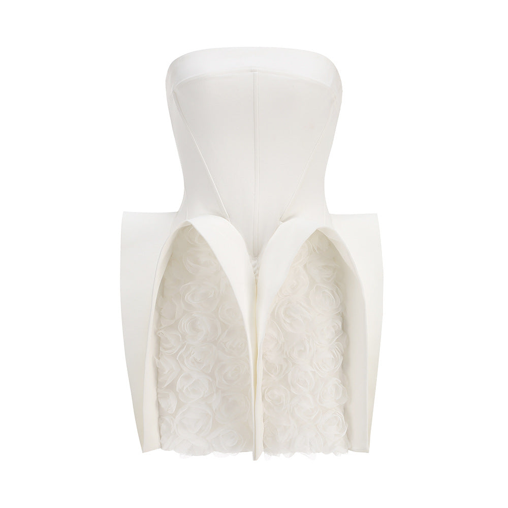 Sexy White Strapless Skirt European And American Style Women's Dress Hem Decorative U-shaped Flower Dress