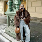 Winter Brown Fur Outwear, Extra Long Retro Suit Collar Imitation Fur Outwear, High-End Fox Fur Outwear For Women