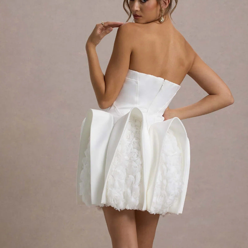 Sexy White Strapless Skirt European And American Style Women's Dress Hem Decorative U-shaped Flower Dress