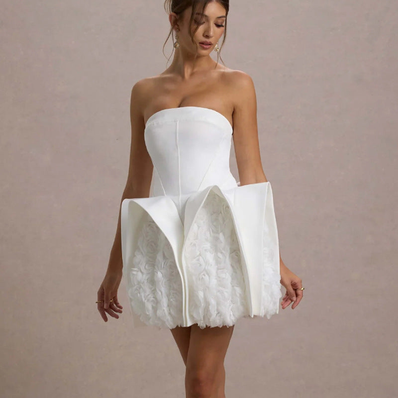 Sexy White Strapless Skirt European And American Style Women's Dress Hem Decorative U-shaped Flower Dress