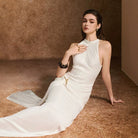 Waterfall Texture Dress, Socialite Style Halter Neck Floor-Length Dress, Solid Color Formal Dress For Women