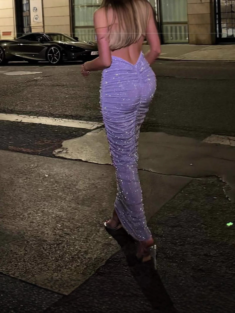 Sparkling Rhinestone Waist-Cinching Sexy Dress Halter Backless Evening Gown Trendy