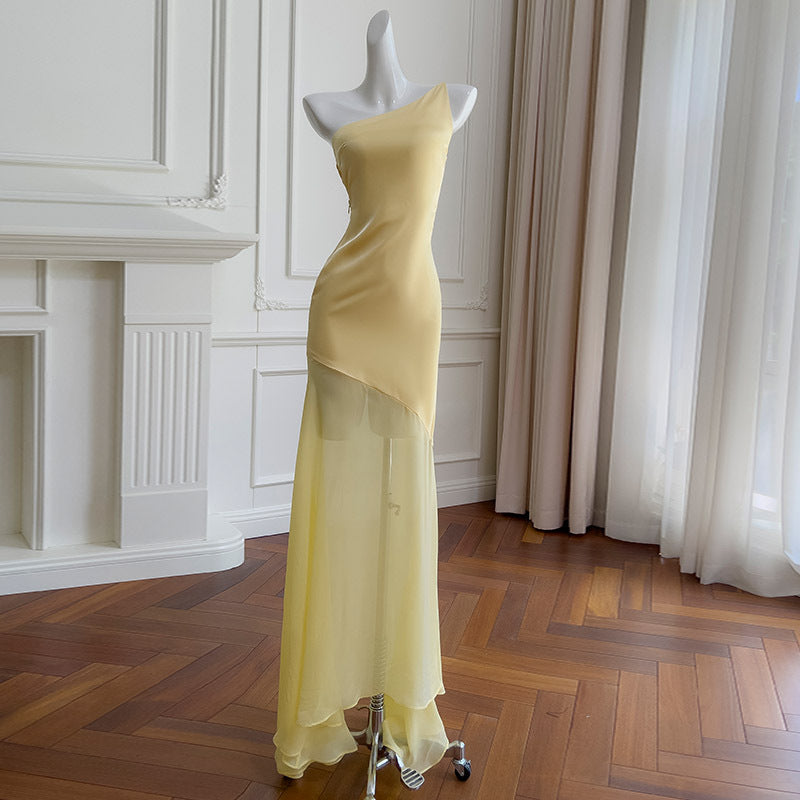 Fashion Women's Oblique Shoulder Sleeveless Backless Dress Slim Sexy Strappy Elegant Long Skirt Dress 69338