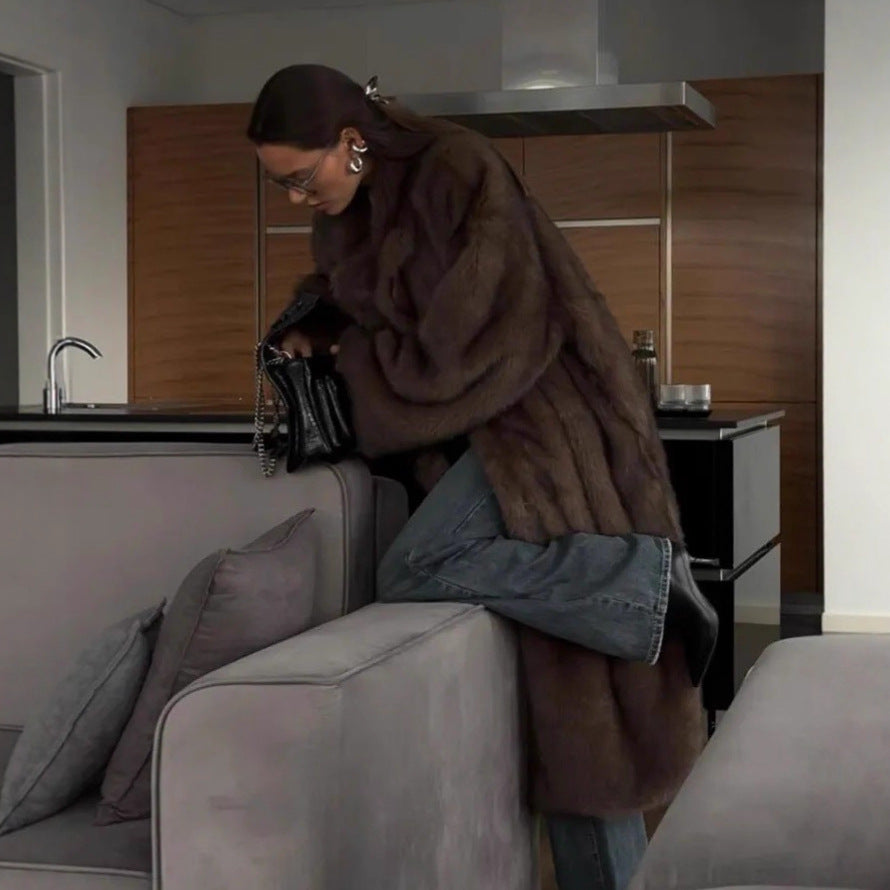 Winter Brown Fur Outwear, Extra Long Retro Suit Collar Imitation Fur Outwear, High-End Fox Fur Outwear For Women