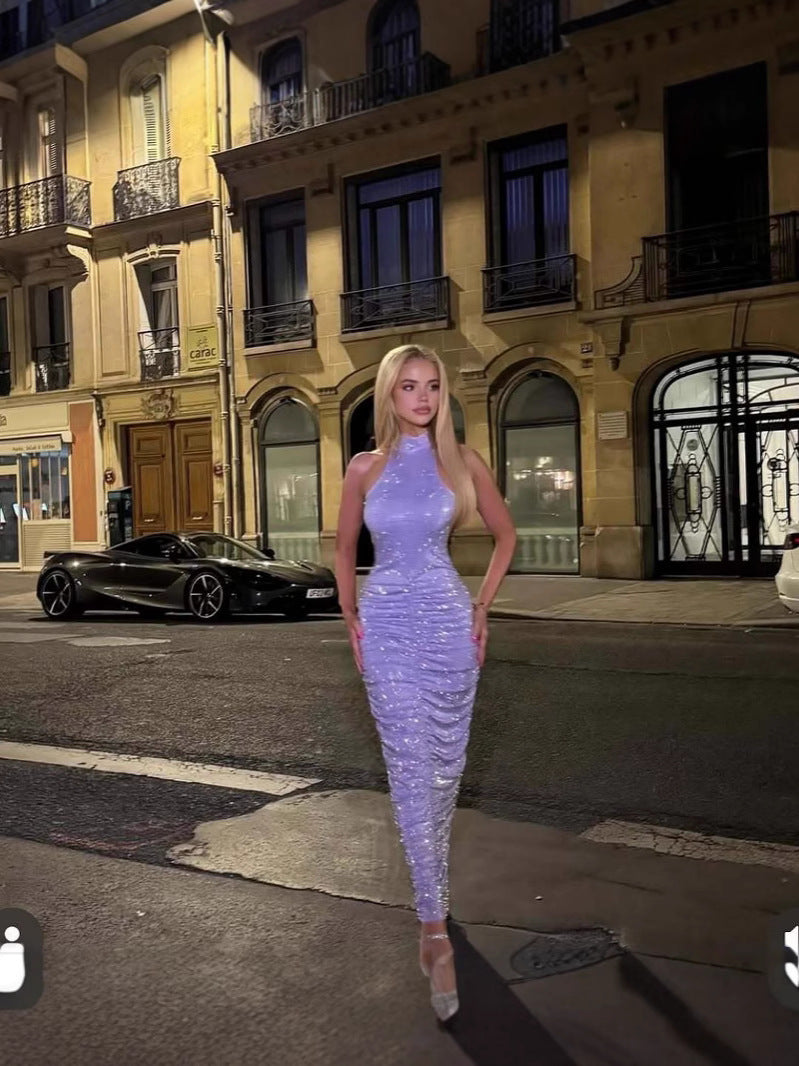 Sparkling Rhinestone Waist-Cinching Sexy Dress Halter Backless Evening Gown Trendy