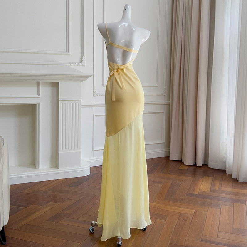 Fashion Women's Oblique Shoulder Sleeveless Backless Dress Slim Sexy Strappy Elegant Long Skirt Dress 69338