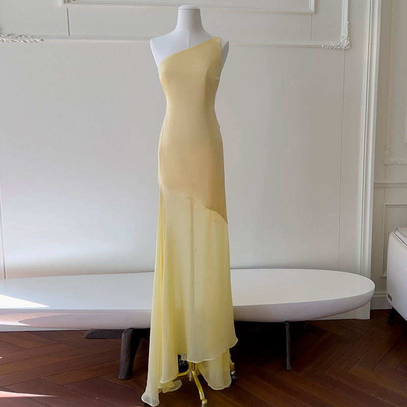 Fashion Women's Oblique Shoulder Sleeveless Backless Dress Slim Sexy Strappy Elegant Long Skirt Dress 69338