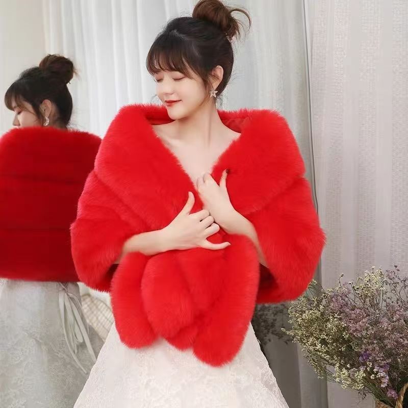 Fox Fur Shawl Women's Wedding Dress Cloak Dress Cheongsam Fur Cloak Outwear White Women's Thick