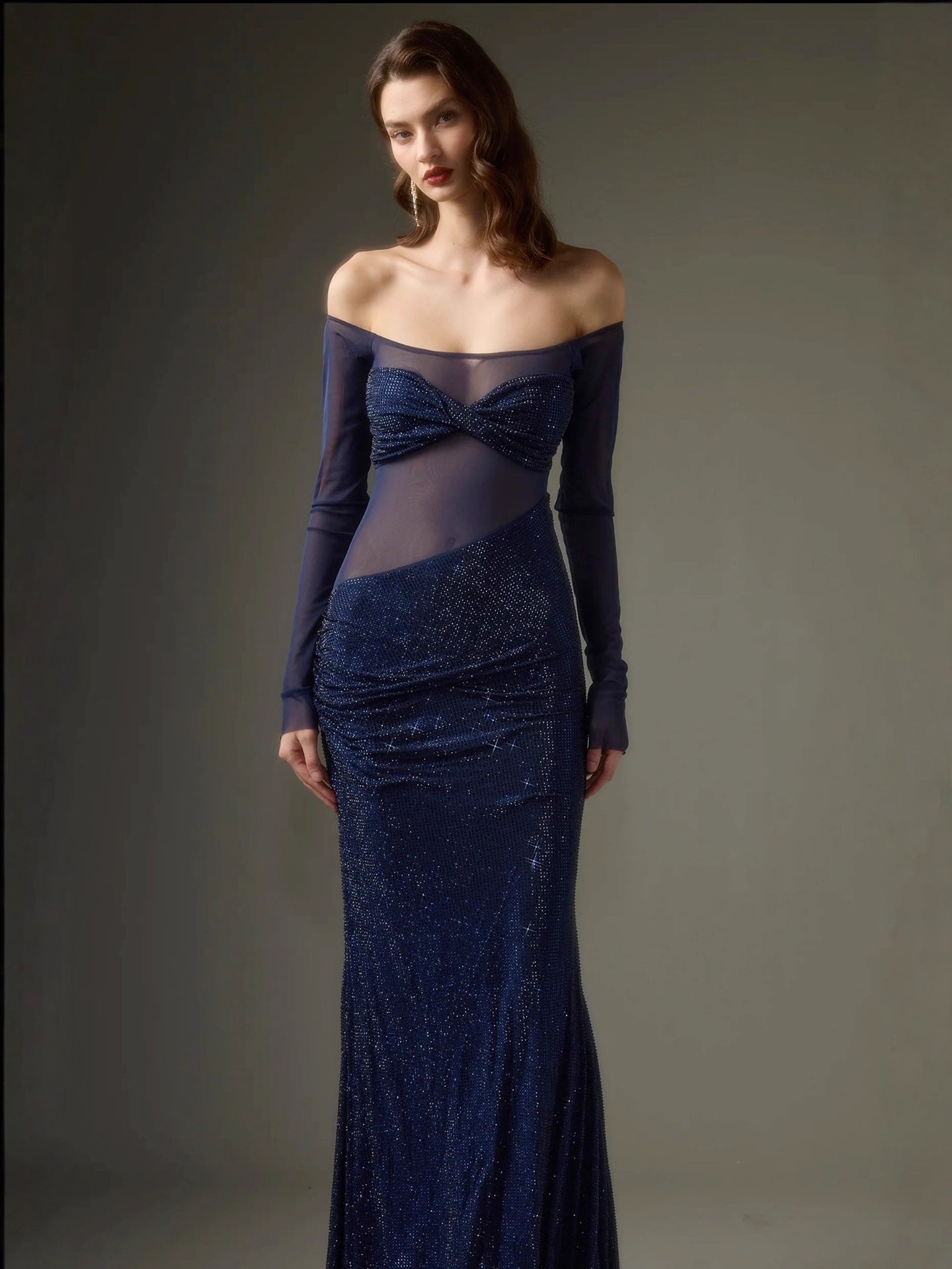 Long-sleeved Rhinestone Mesh See-through Dress, Slim And Slim Gorgeous Dress For Women