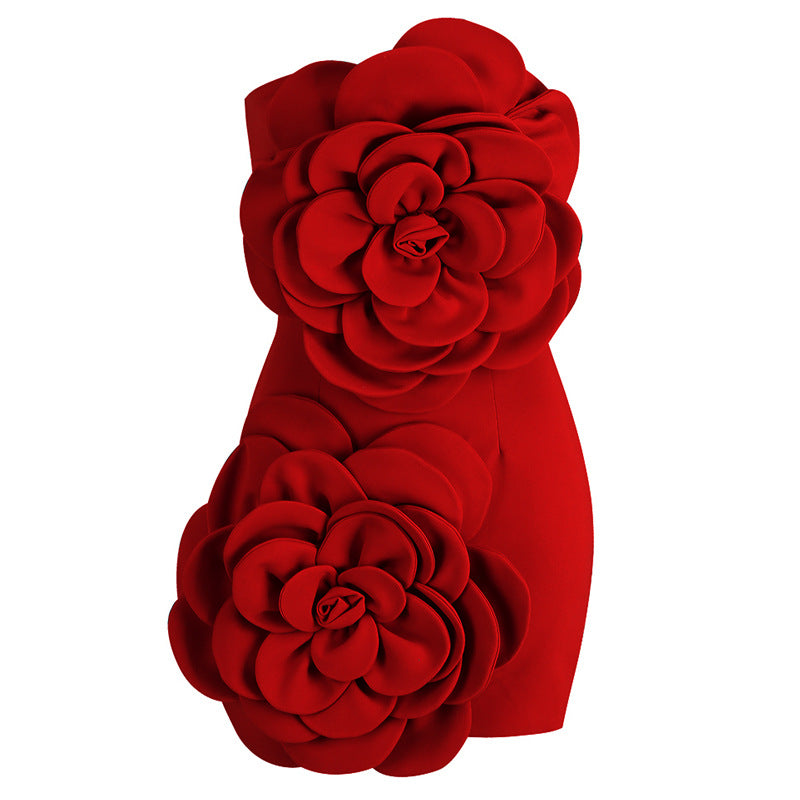 Sexy Red Tube Top Skirt Niche Temperament High-end Decorative Three-dimensional Flowers Dress
