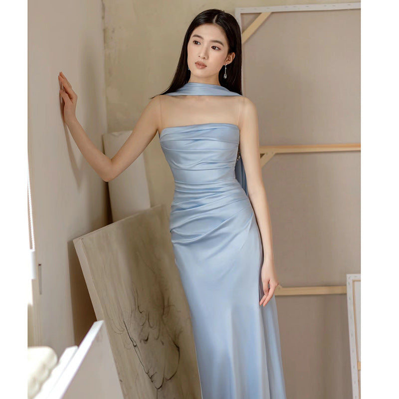 Blue Evening Dress For Women 2025 New Classy Classy Accessible Luxury Niche Tube Top Engagement French High-End Dinner