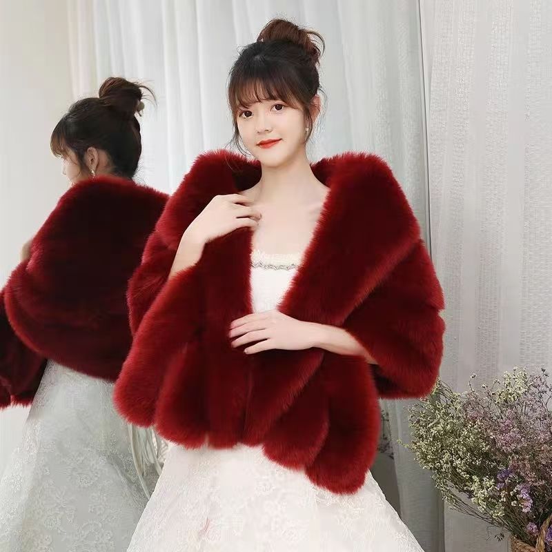 Fox Fur Shawl Women's Wedding Dress Cloak Dress Cheongsam Fur Cloak Outwear White Women's Thick
