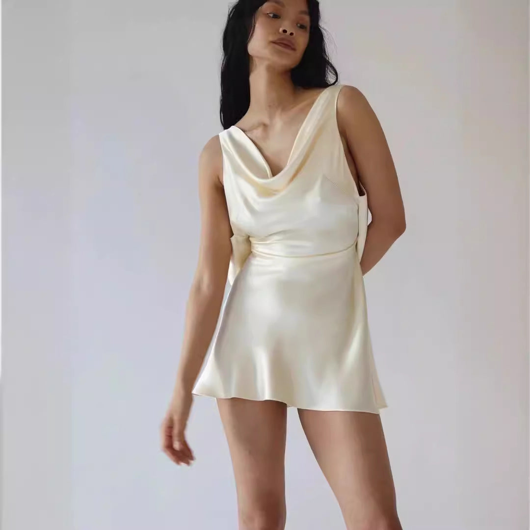 French Dress Summer New Style Elegant Swing Collar Satin White Sleeveless Backless Short High-End Fairy Skirt