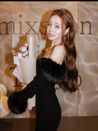 Song Zhiya Same Style Part Sweet And Spicy Dress Dress French One-Shoulder Fur Collar Pure Wants To Knitted Hip Dress