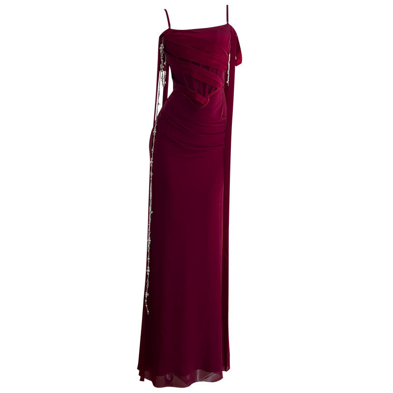 French-Style Elegant Spaghetti Strap Backless Dress, Light Luxury Burgundy Toast Dress, Women's Waist-Cinching Strapless Long Dress 69345