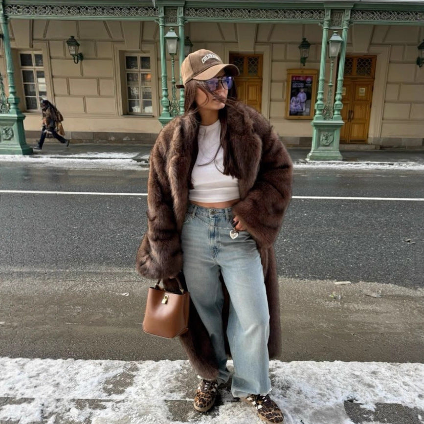 Winter Brown Fur Outwear, Extra Long Retro Suit Collar Imitation Fur Outwear, High-End Fox Fur Outwear For Women