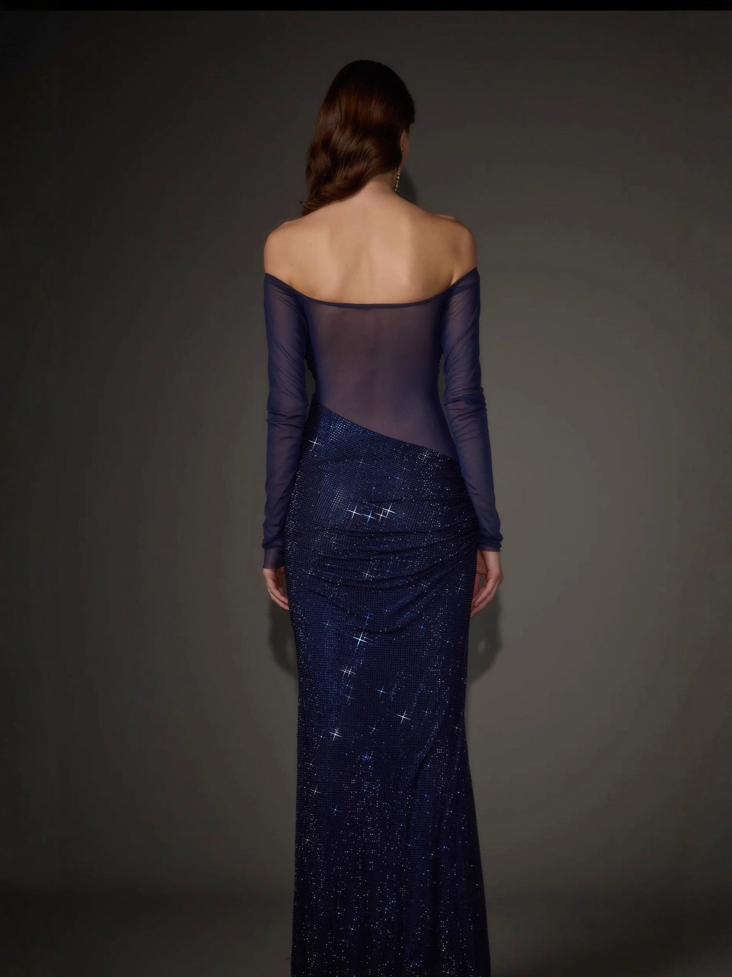 Long-sleeved Rhinestone Mesh See-through Dress, Slim And Slim Gorgeous Dress For Women