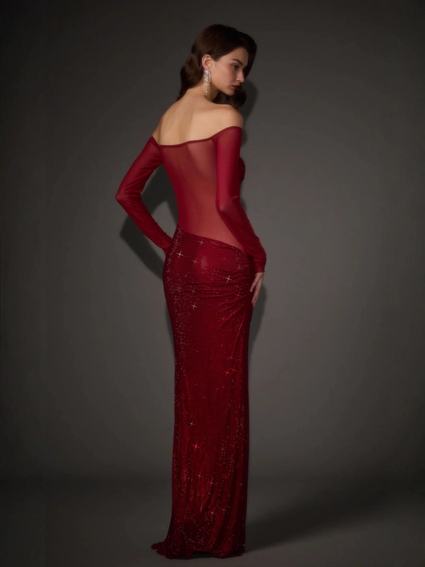 Long-sleeved Rhinestone Mesh See-through Dress, Slim And Slim Gorgeous Dress For Women