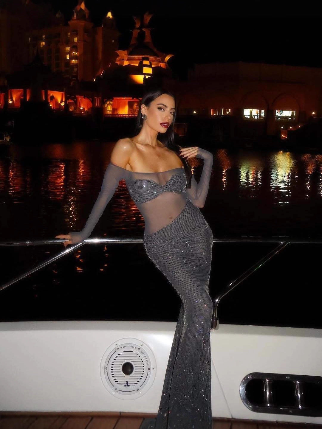 Long-sleeved Rhinestone Mesh See-through Dress, Slim And Slim Gorgeous Dress For Women