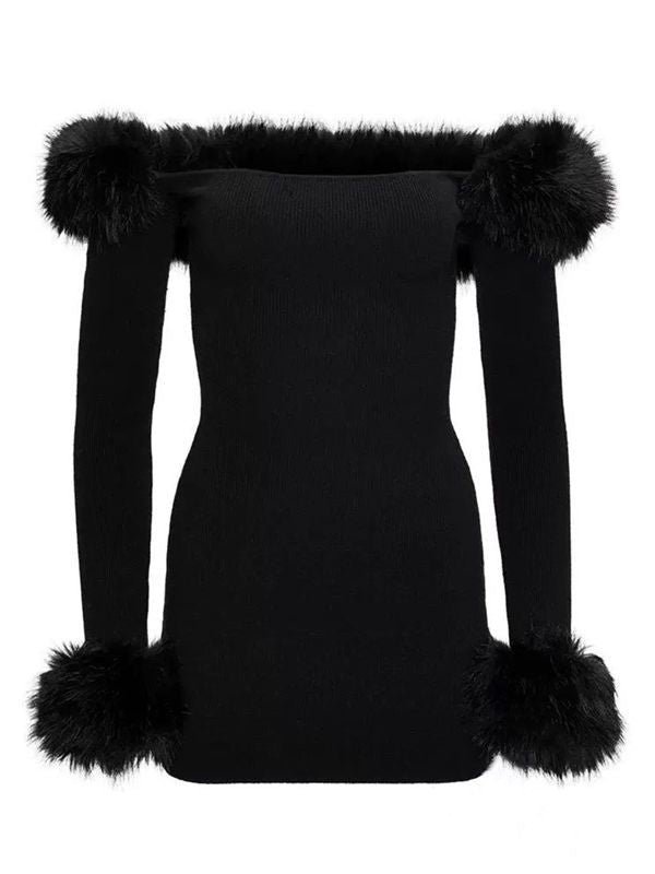 Song Zhiya Same Style Part Sweet And Spicy Dress Dress French One-Shoulder Fur Collar Pure Wants To Knitted Hip Dress