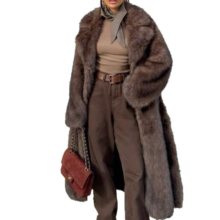 Winter Brown Fur Outwear, Extra Long Retro Suit Collar Imitation Fur Outwear, High-End Fox Fur Outwear For Women