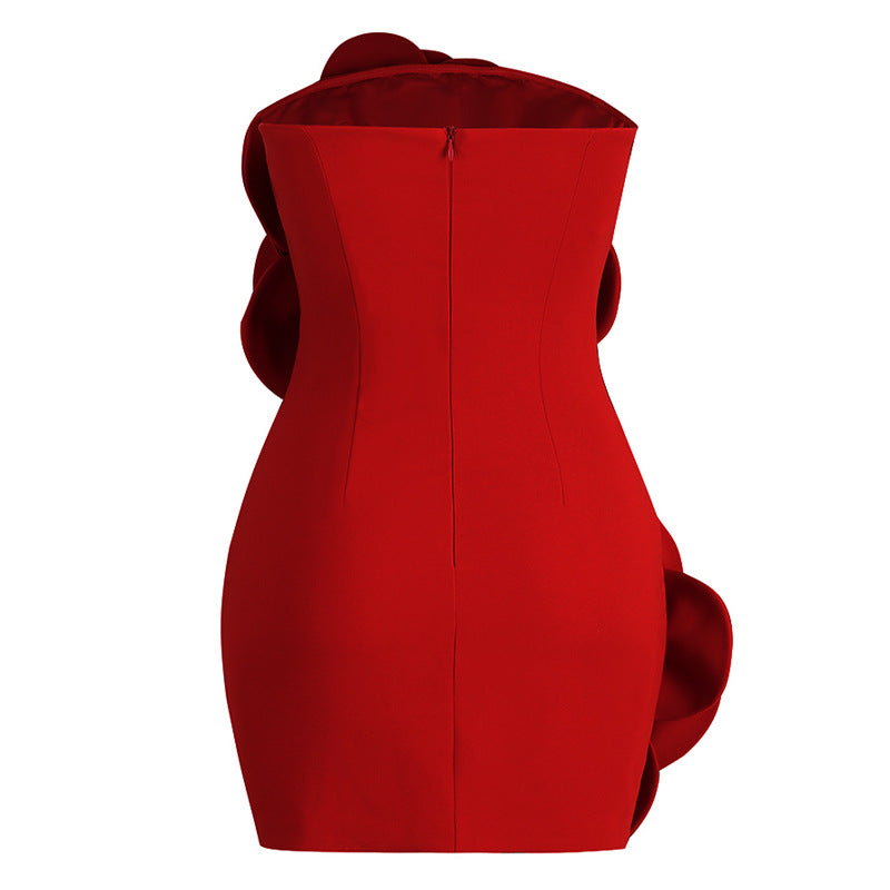 Sexy Red Tube Top Skirt Niche Temperament High-end Decorative Three-dimensional Flowers Dress