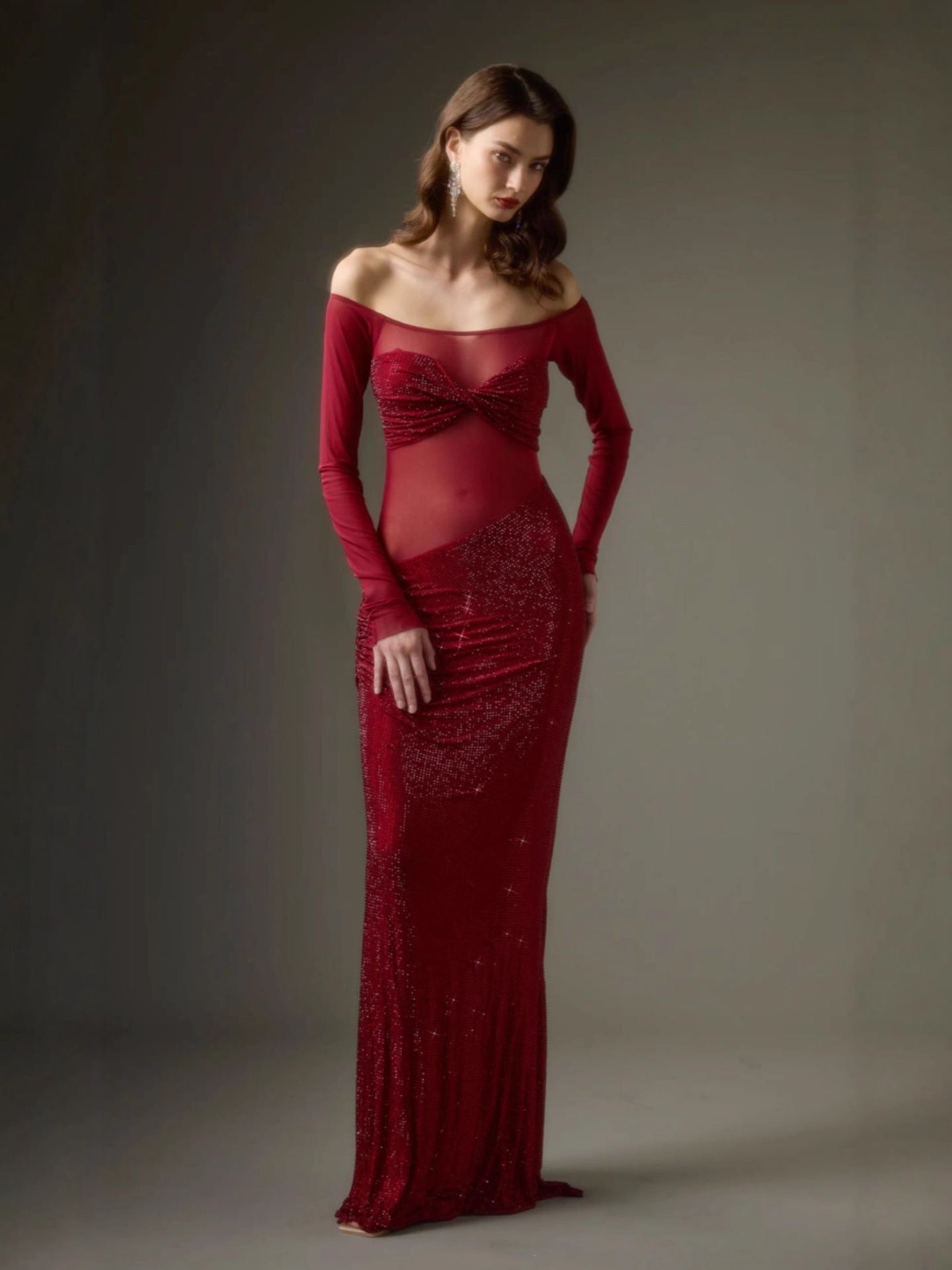 Long-sleeved Rhinestone Mesh See-through Dress, Slim And Slim Gorgeous Dress For Women