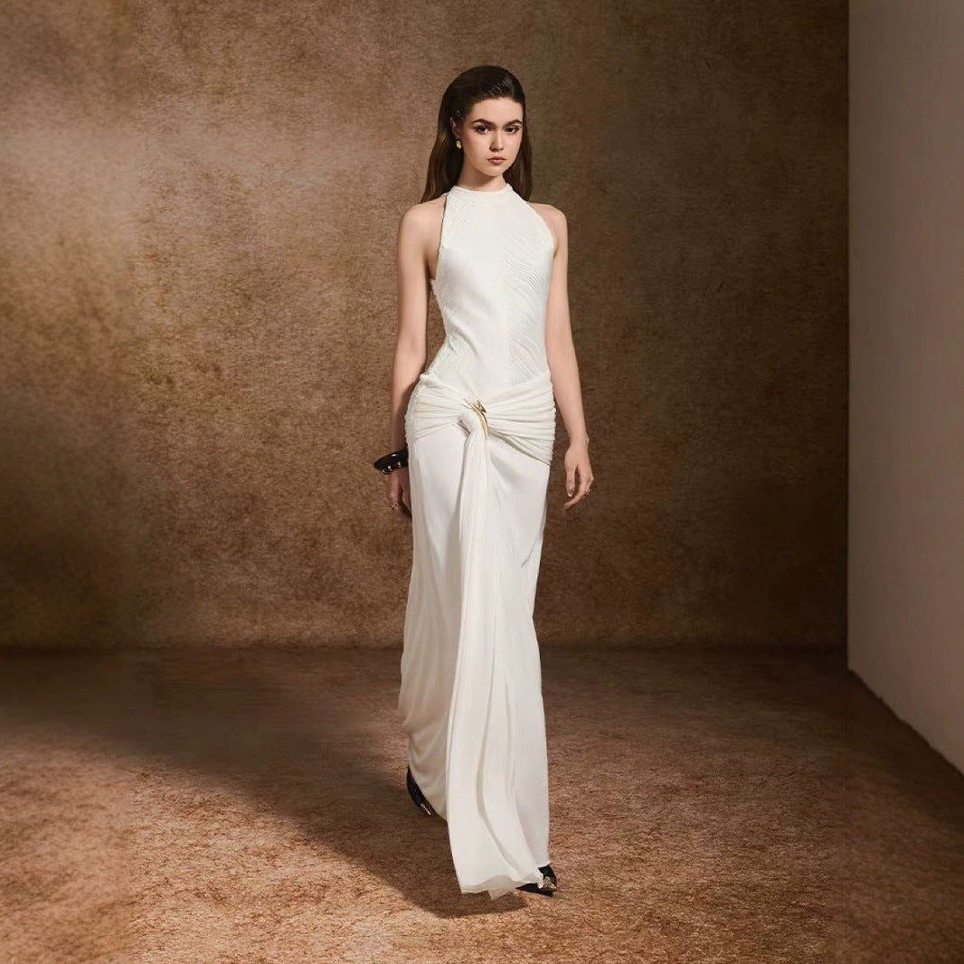 Waterfall Texture Dress, Socialite Style Halter Neck Floor-Length Dress, Solid Color Formal Dress For Women