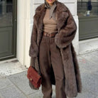 Winter Brown Fur Outwear, Extra Long Retro Suit Collar Imitation Fur Outwear, High-End Fox Fur Outwear For Women