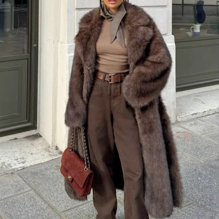 Winter Brown Fur Outwear, Extra Long Retro Suit Collar Imitation Fur Outwear, High-End Fox Fur Outwear For Women