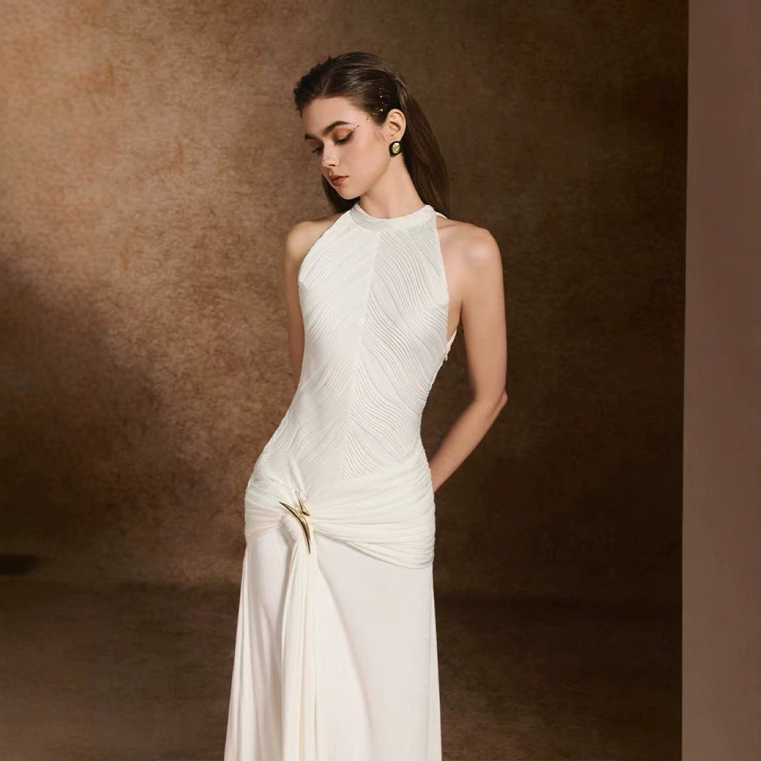 Waterfall Texture Dress, Socialite Style Halter Neck Floor-Length Dress, Solid Color Formal Dress For Women