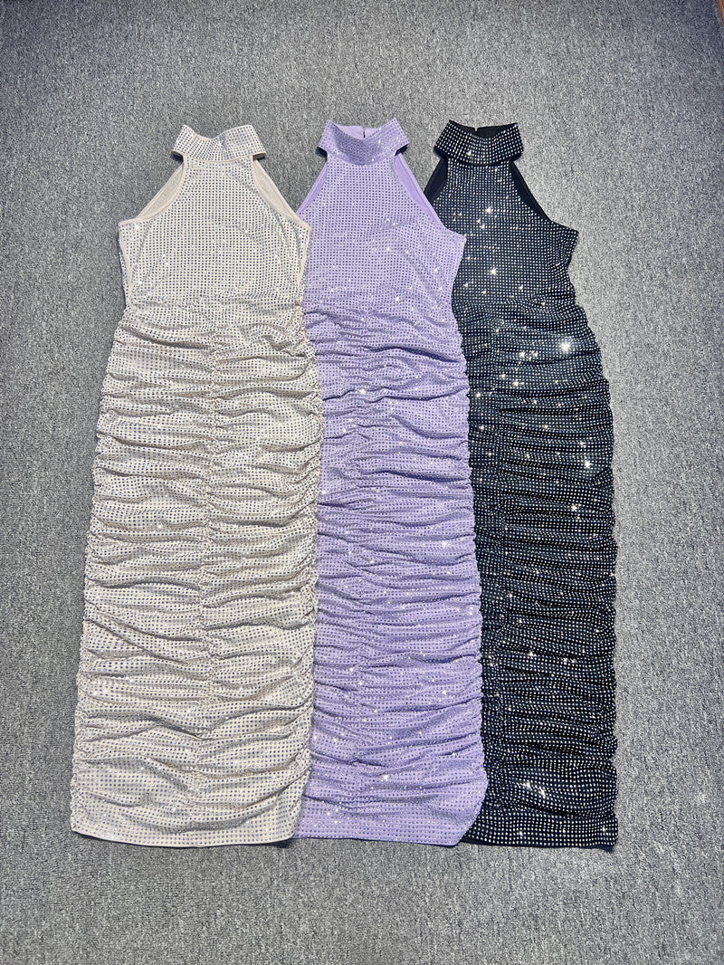 Sparkling Rhinestone Waist-Cinching Sexy Dress Halter Backless Evening Gown Trendy