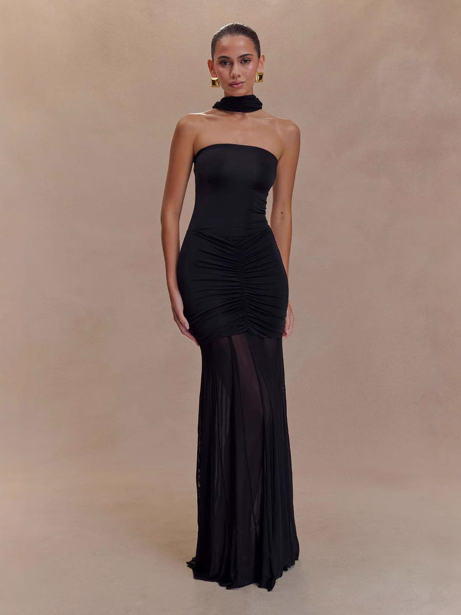 Women's Summer New Sexy Strapless Stitching Mesh Backless Pleated Slim Fit Dress Dress