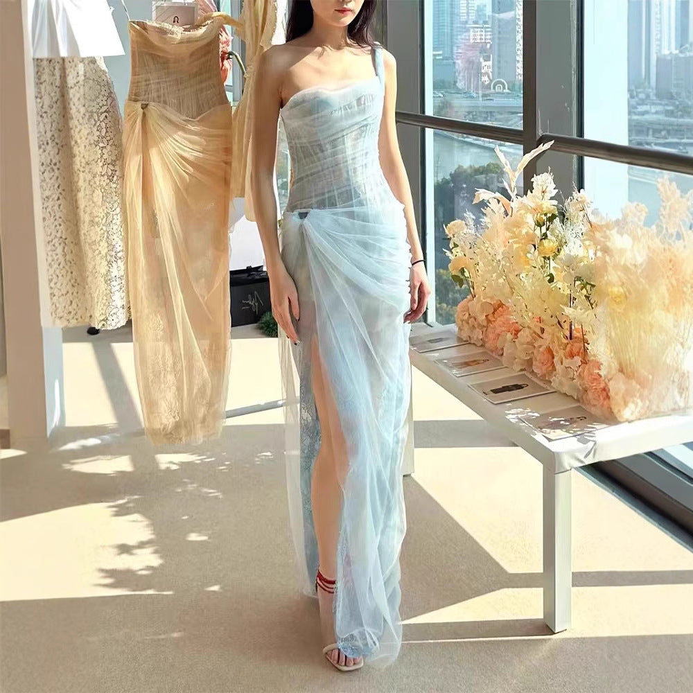 Vietnamese Niche Elegant Lace Mesh Embroidered Dress Women's 2025 New High-class Feeling Banquet Waist Dress