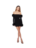 Song Zhiya Same Style Part Sweet And Spicy Dress Dress French One-Shoulder Fur Collar Pure Wants To Knitted Hip Dress