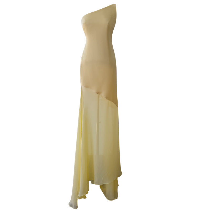 Fashion Women's Oblique Shoulder Sleeveless Backless Dress Slim Sexy Strappy Elegant Long Skirt Dress 69338