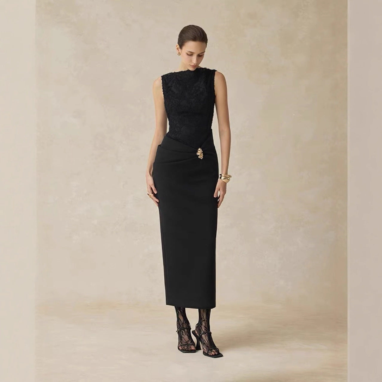 Niche Designer Elegant One-length Neck Long-sleeved Waist Dress For Autumn New Lace Spliced ​​sleeveless Dress