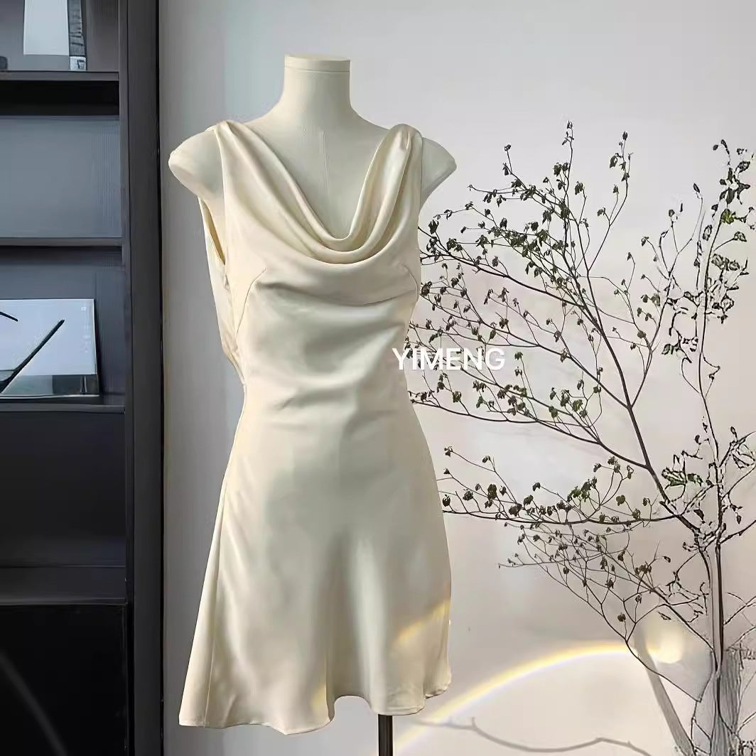 French Dress Summer New Style Elegant Swing Collar Satin White Sleeveless Backless Short High-End Fairy Skirt