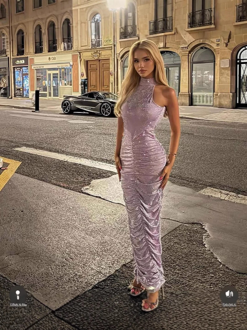 Sparkling Rhinestone Waist-Cinching Sexy Dress Halter Backless Evening Gown Trendy