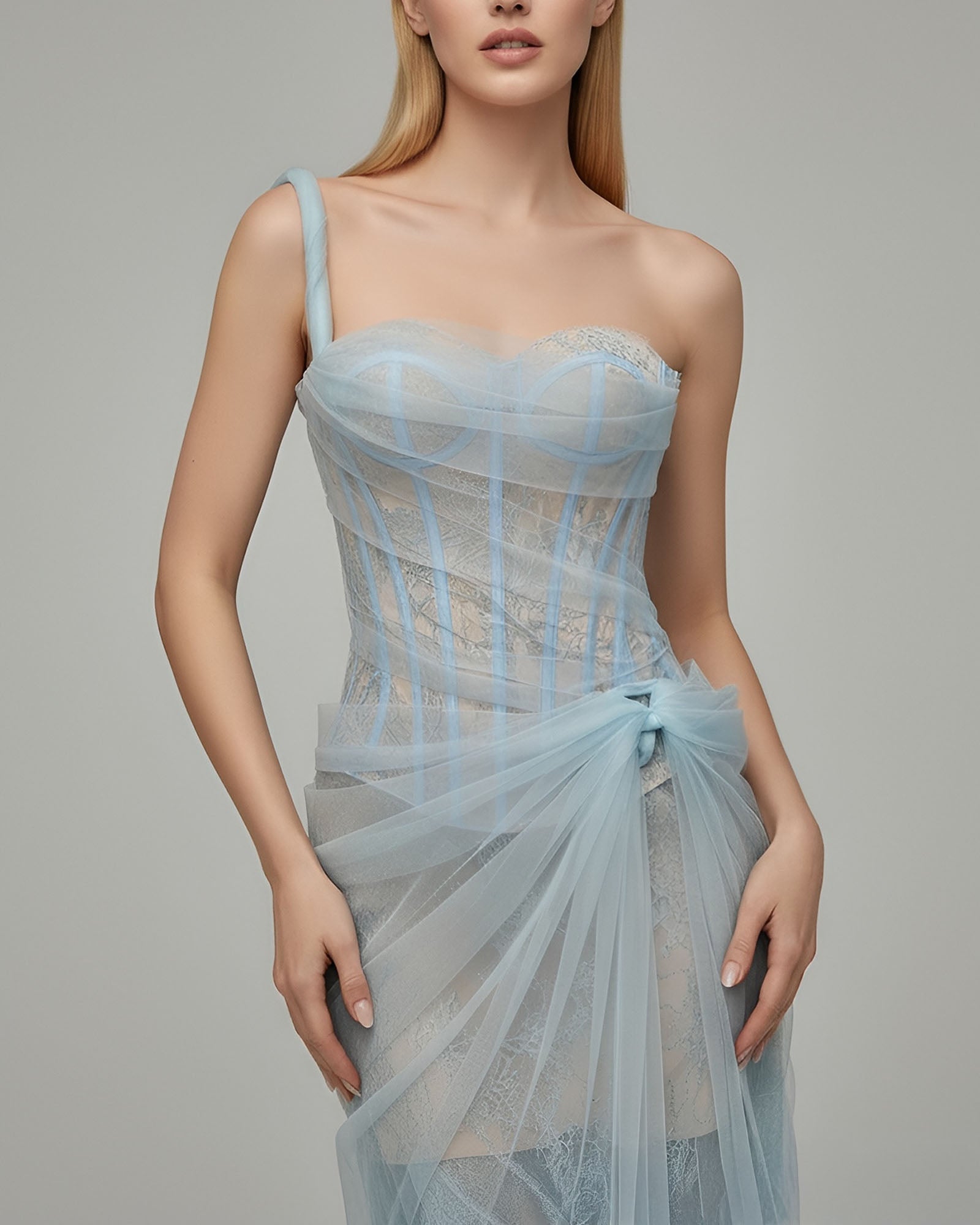 VIENNA Asymmetric Corset Lace Tulle Maxi Dress