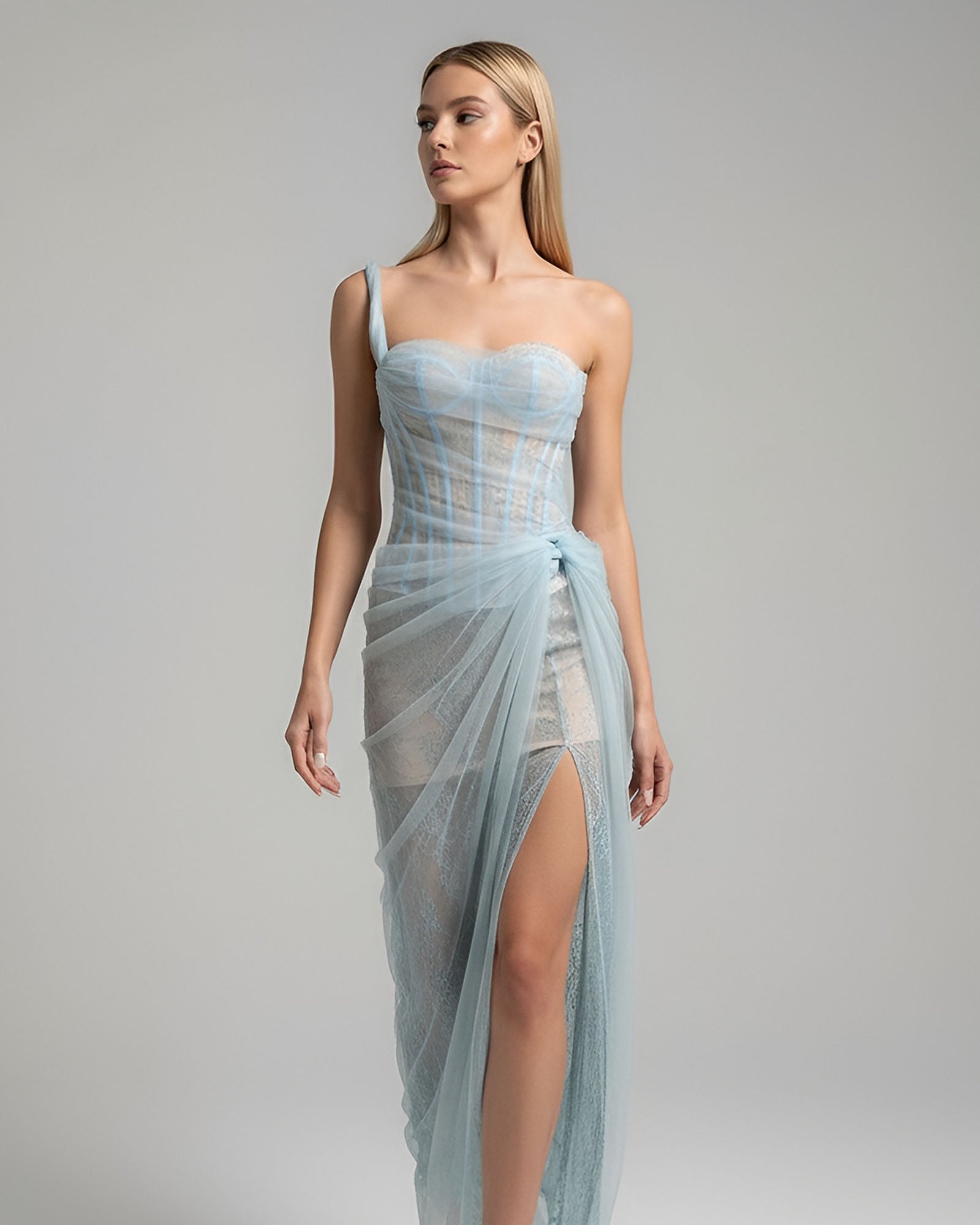 VIENNA Asymmetric Corset Lace Tulle Maxi Dress - Ice Blue NUIT CHRI VIENNA Asymmetric Corset Lace Tulle Maxi Dress - Ice Blue NUIT CHRI