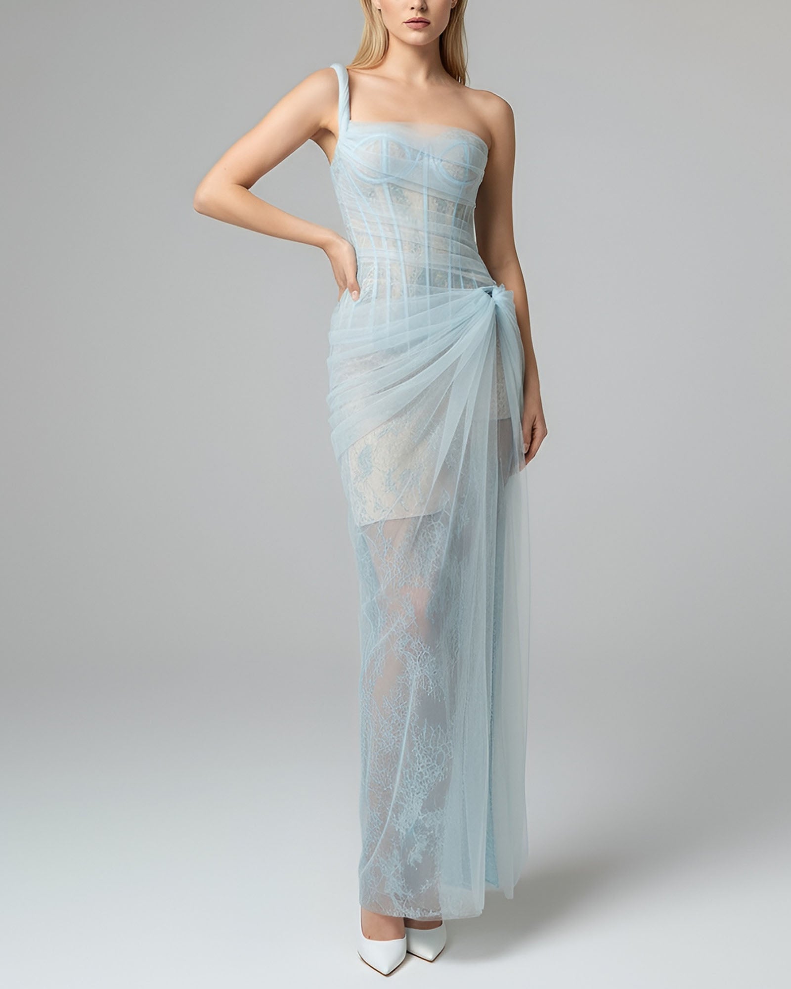 VIENNA Asymmetric Corset Lace Tulle Maxi Dress - Ice Blue – NUIT CHÉRI
